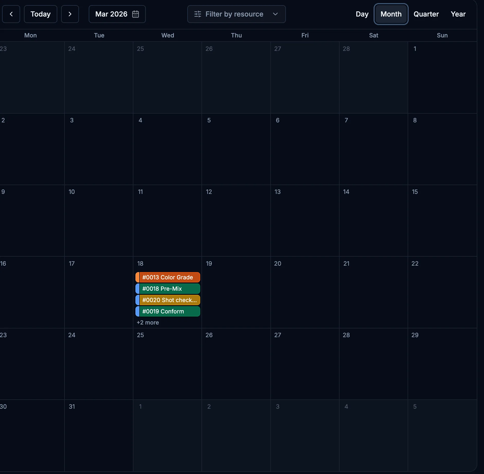 Month calendar view in Mediawork showing scheduled jobs