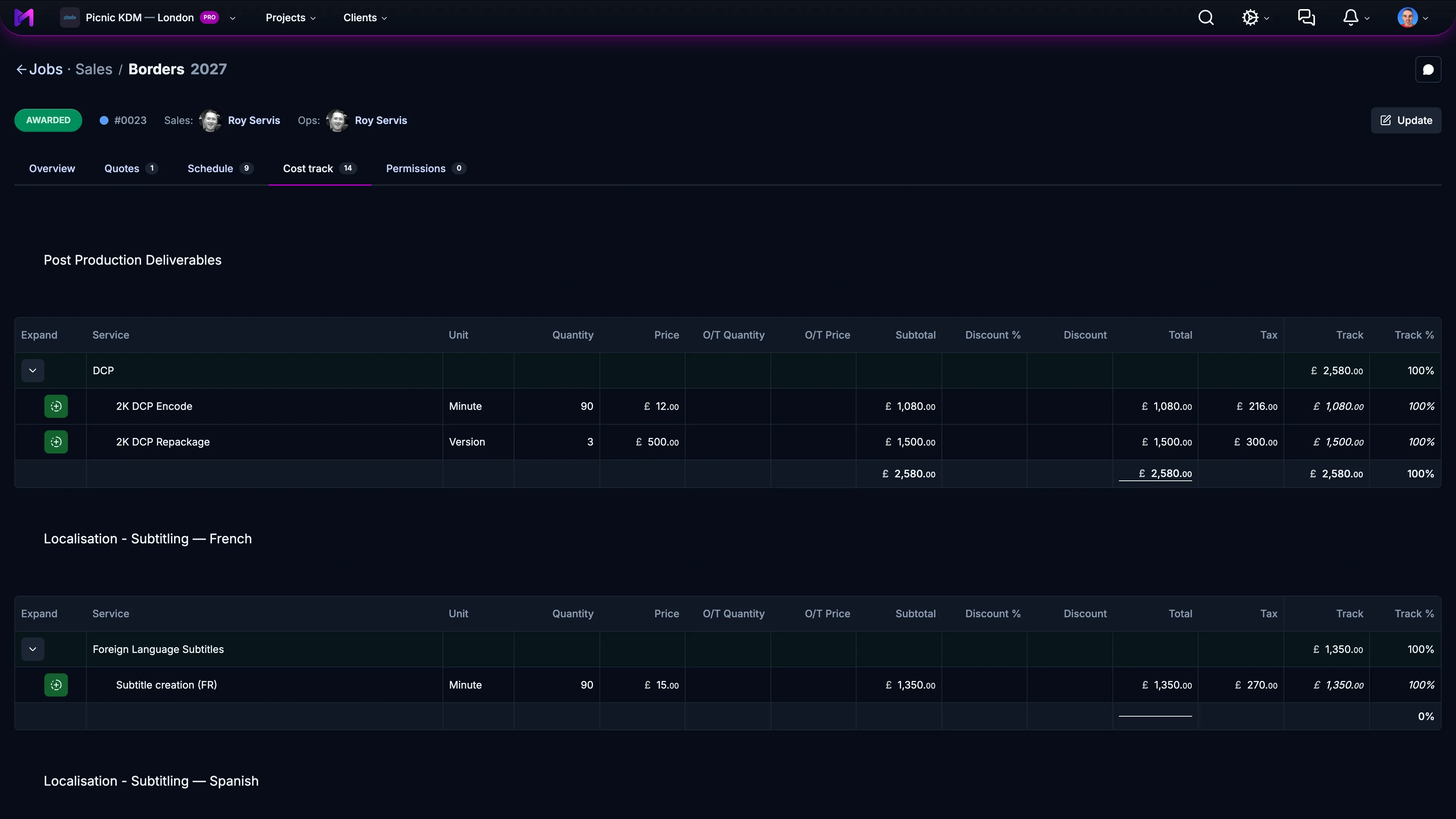 Cost tracking in Mediawork showing tracked amounts against quoted lines