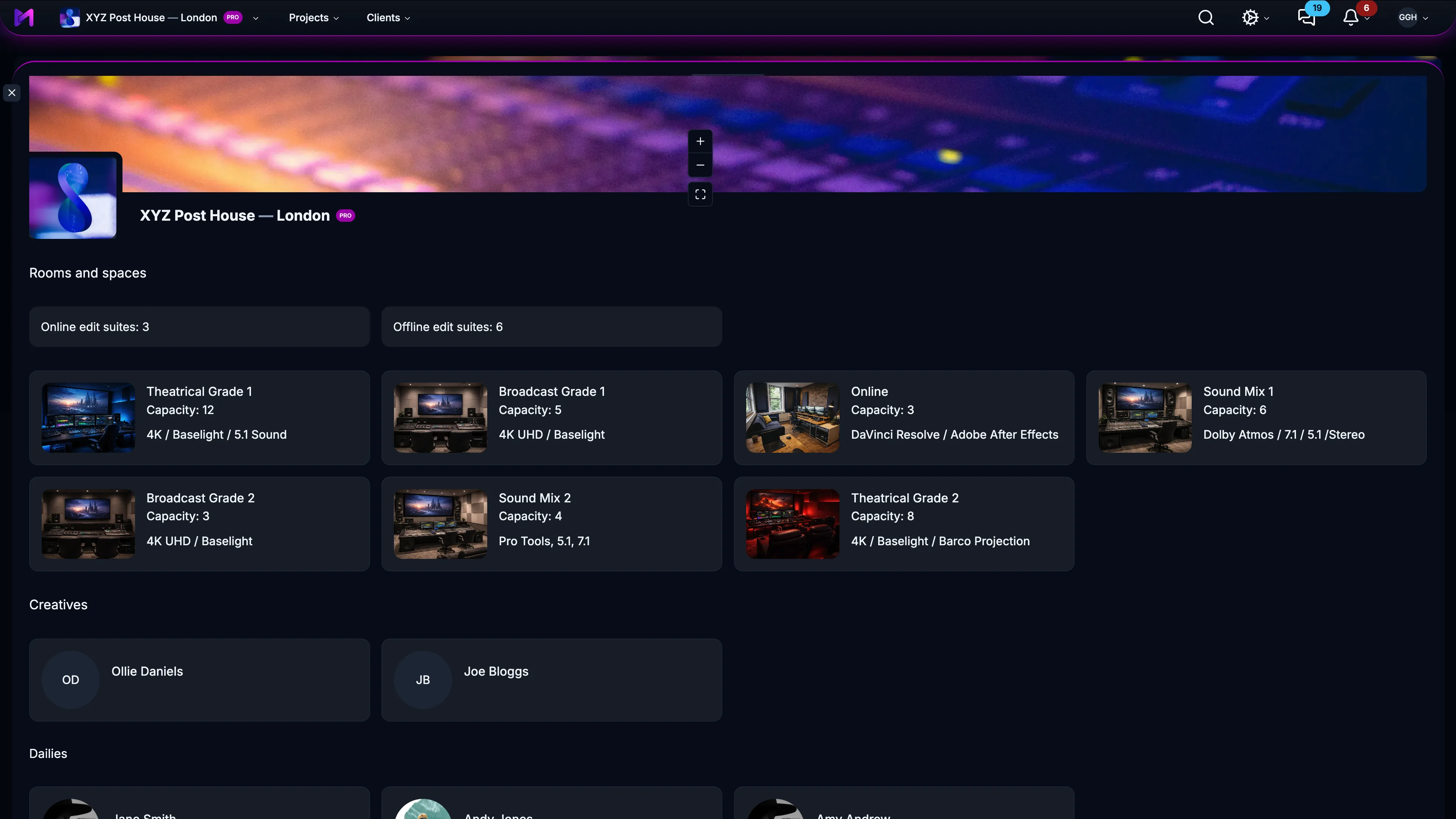 A Mediawork directory profile showing rooms and spaces with photos