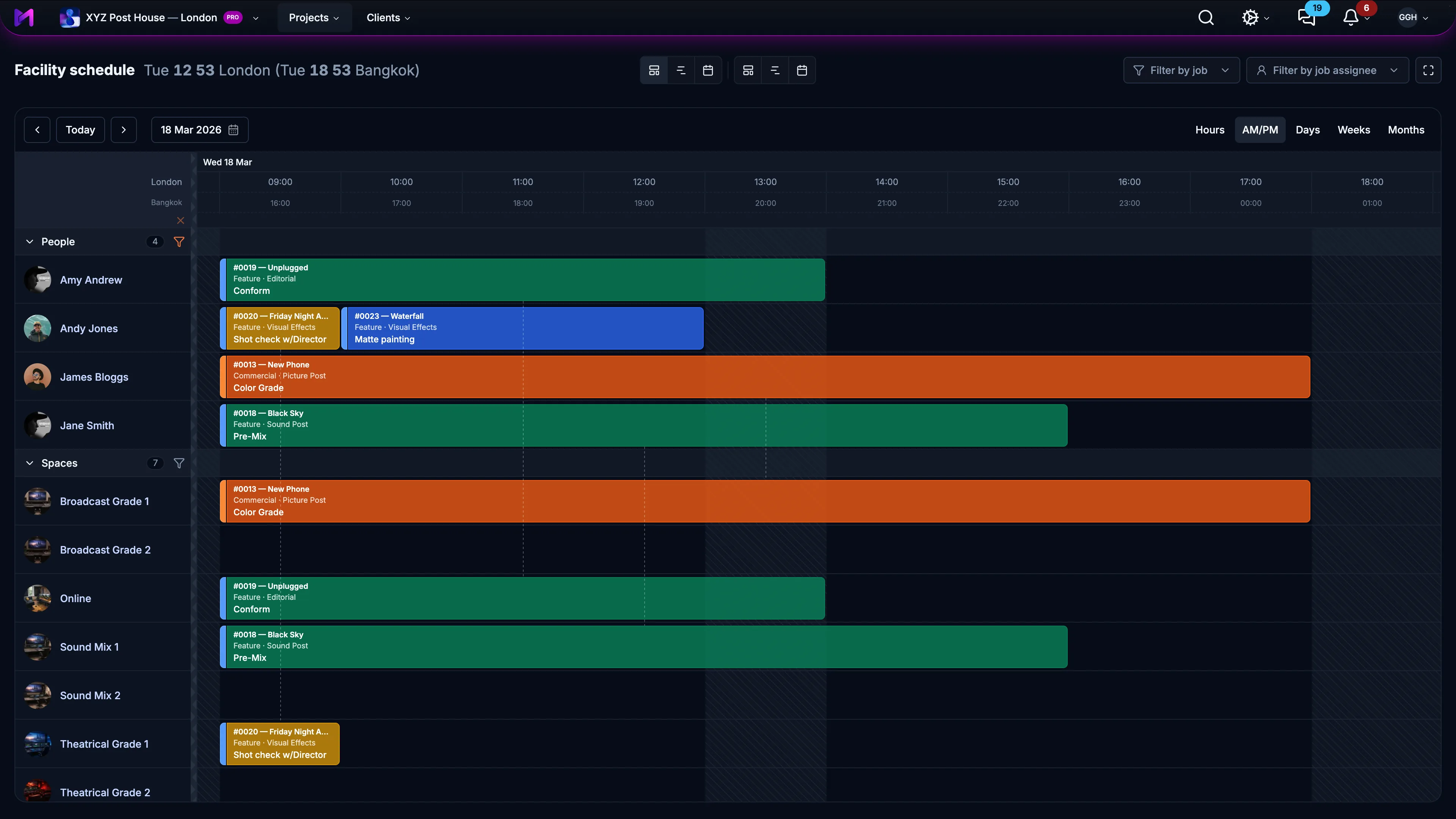 Facility schedule in Mediawork — people and suites on a shared timeline