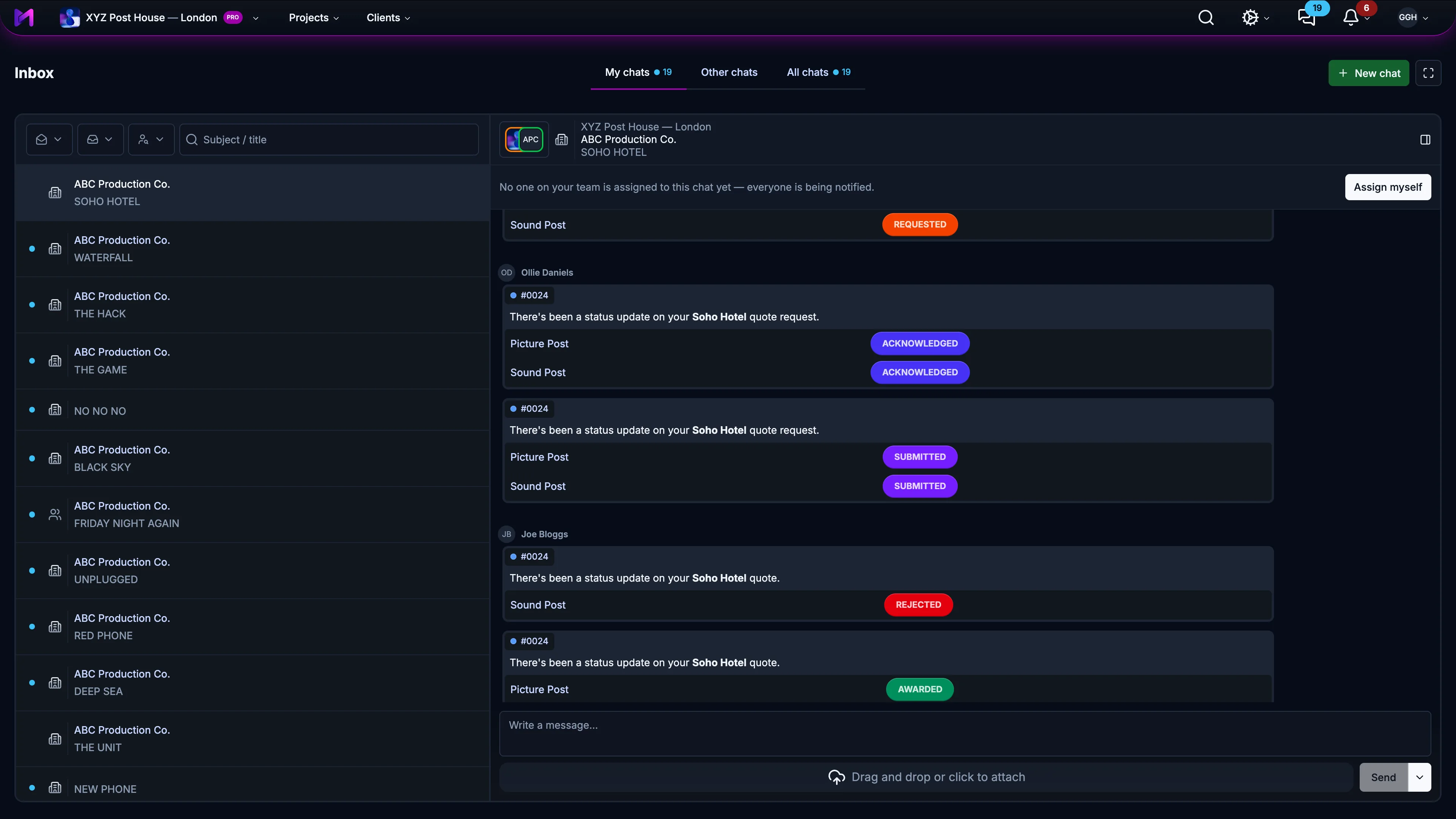 Mediawork inbox showing client chats with quote status updates