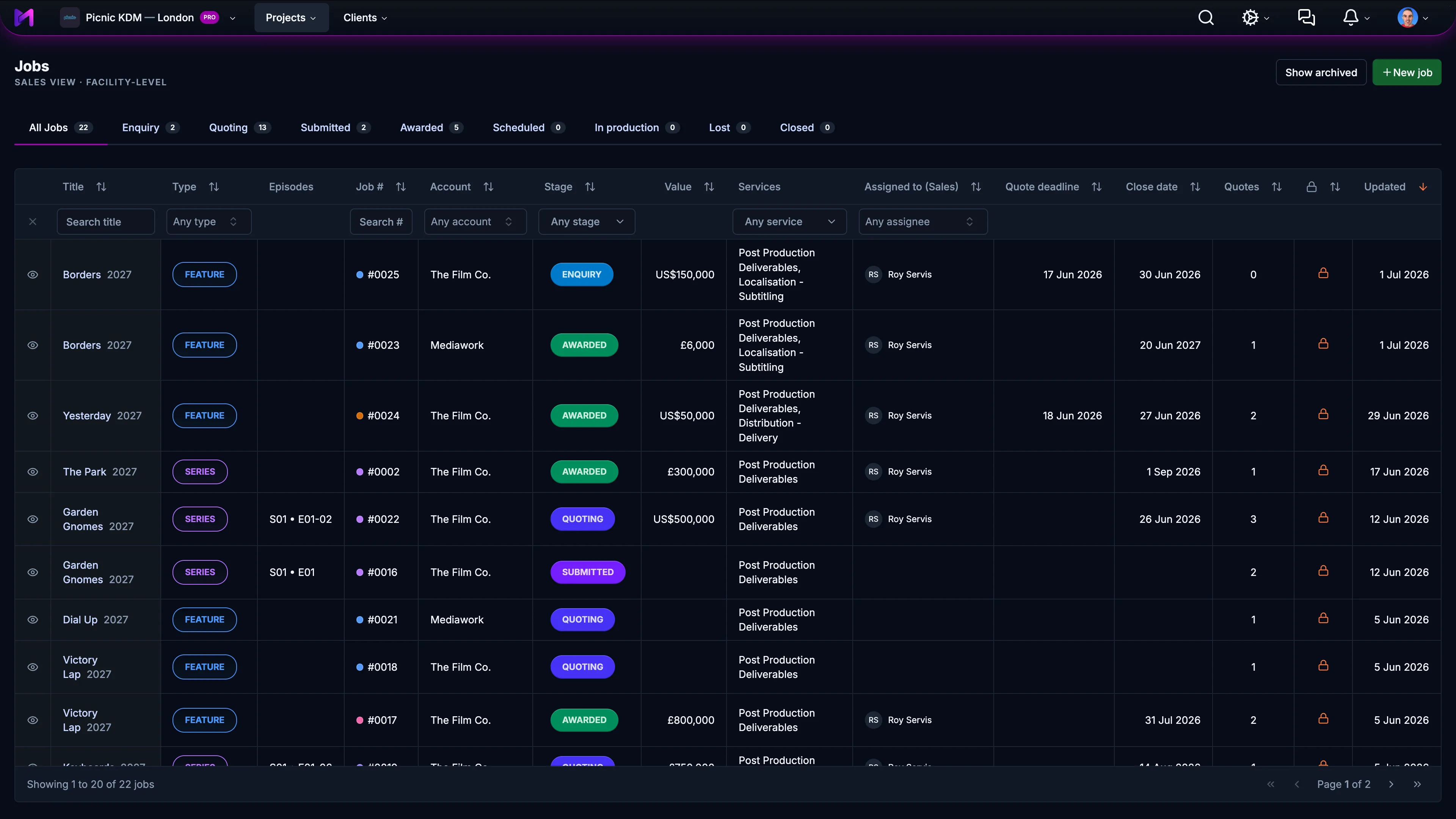 Jobs sales view in Mediawork with stage tabs and status pills