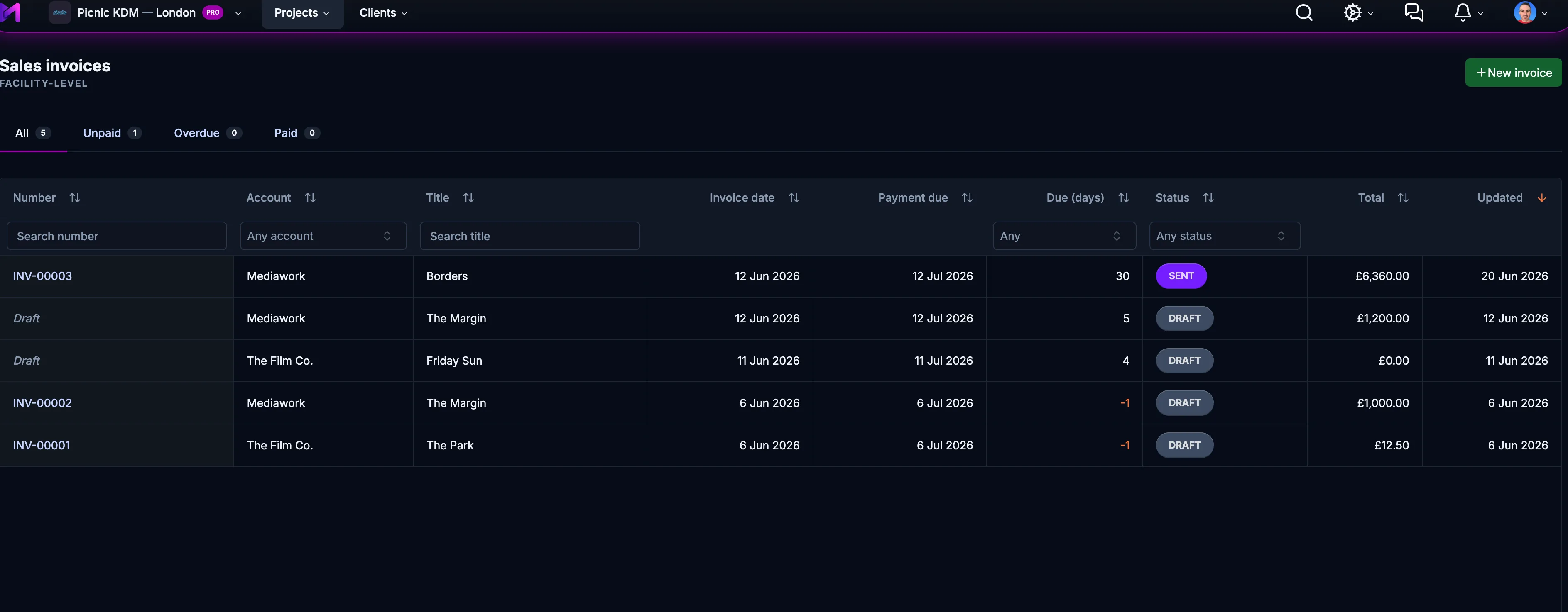 Sales invoices in Mediawork with sent and draft statuses