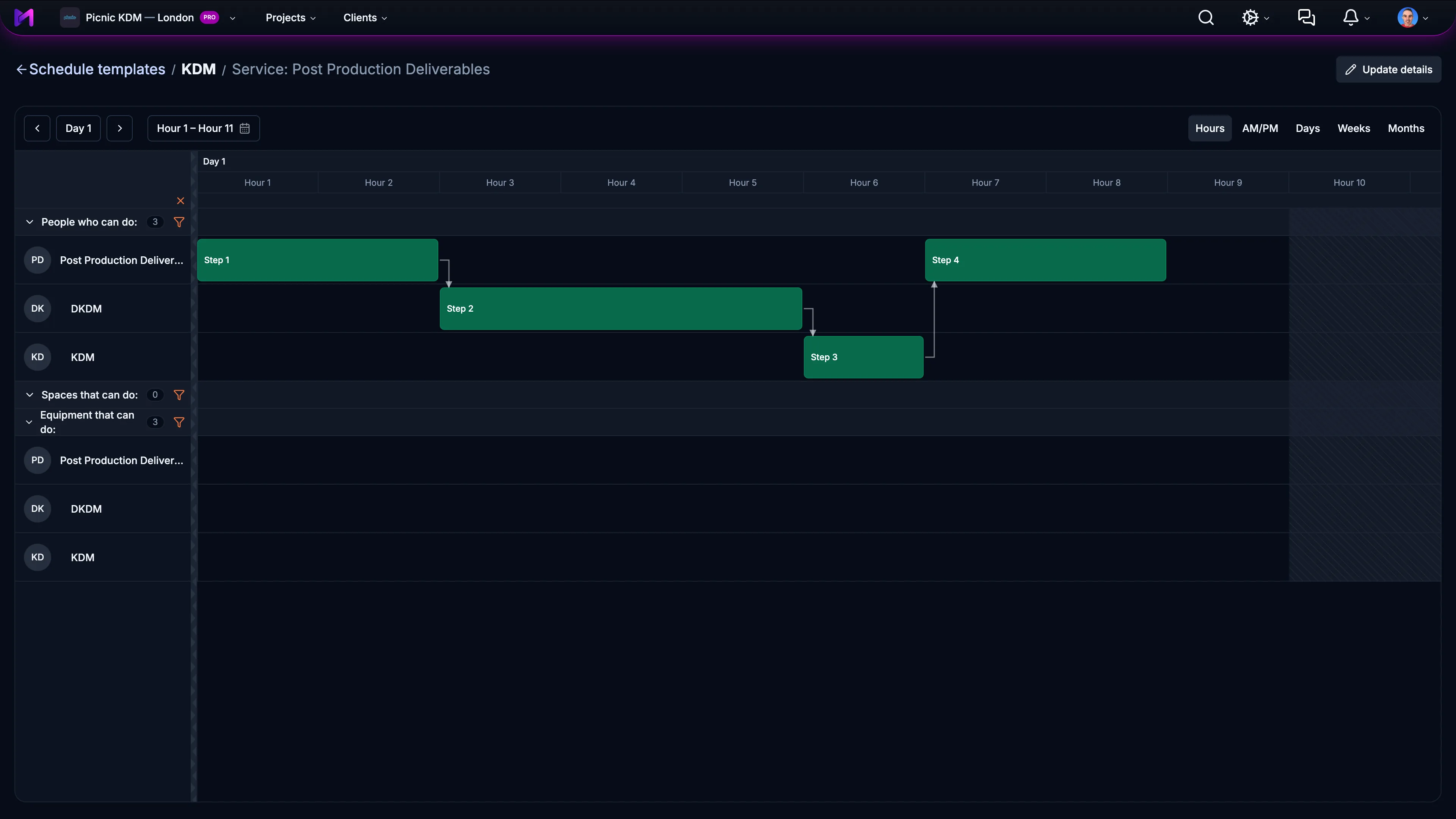 Schedule template builder in Mediawork with dependent steps